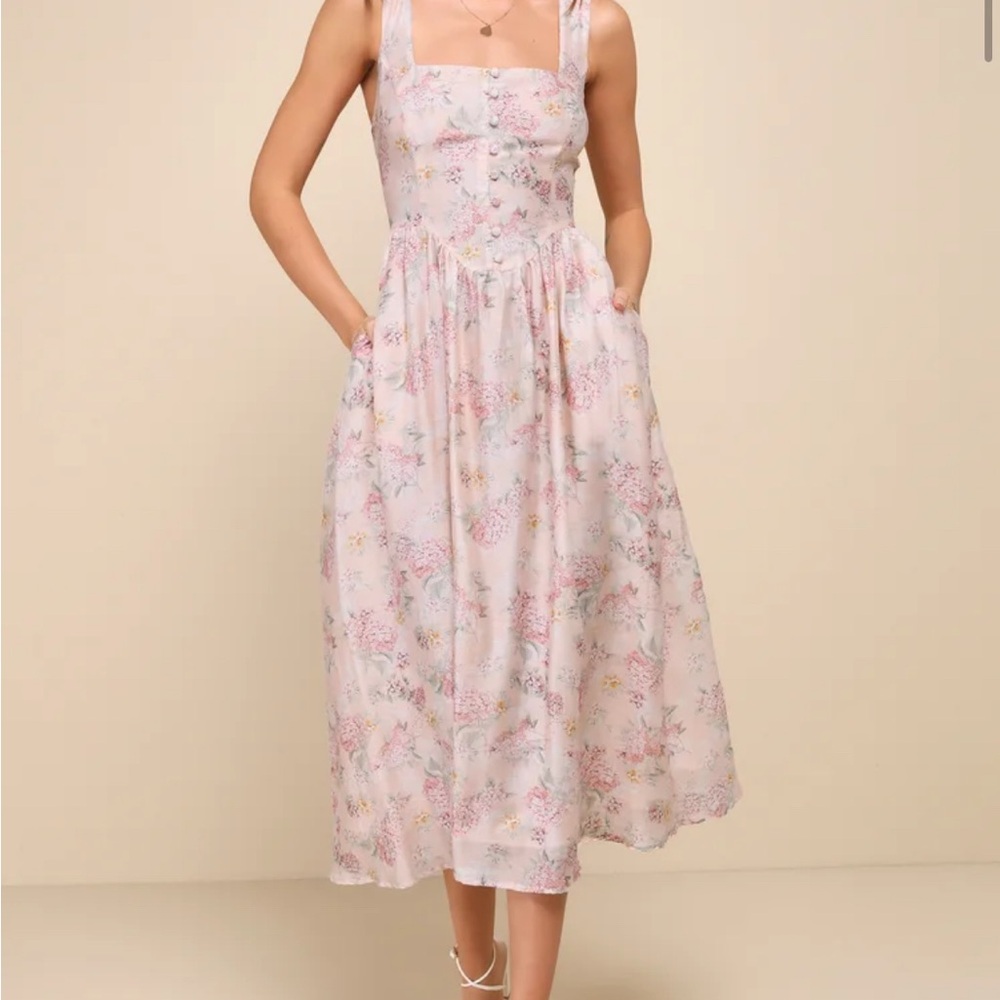 Lulu’s Darling Adoration Blush Pink Floral Midi Dress With Pockets